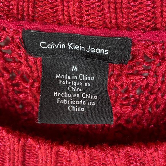 Calvin Klein Jeans M Medium Sweater Pullover Cranberry Red Open Knit Round Hem - Picture 4 of 7
